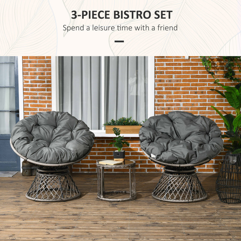 Outsunny 3 Pieces Outdoor Rattan Bistro Set with 360° Swivel Chair and Cushions