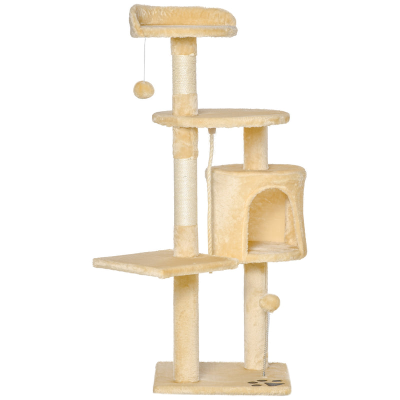 PawHut Cat Tree Activity Centre Scratching Post With Toys 4-tier Beige 114cm