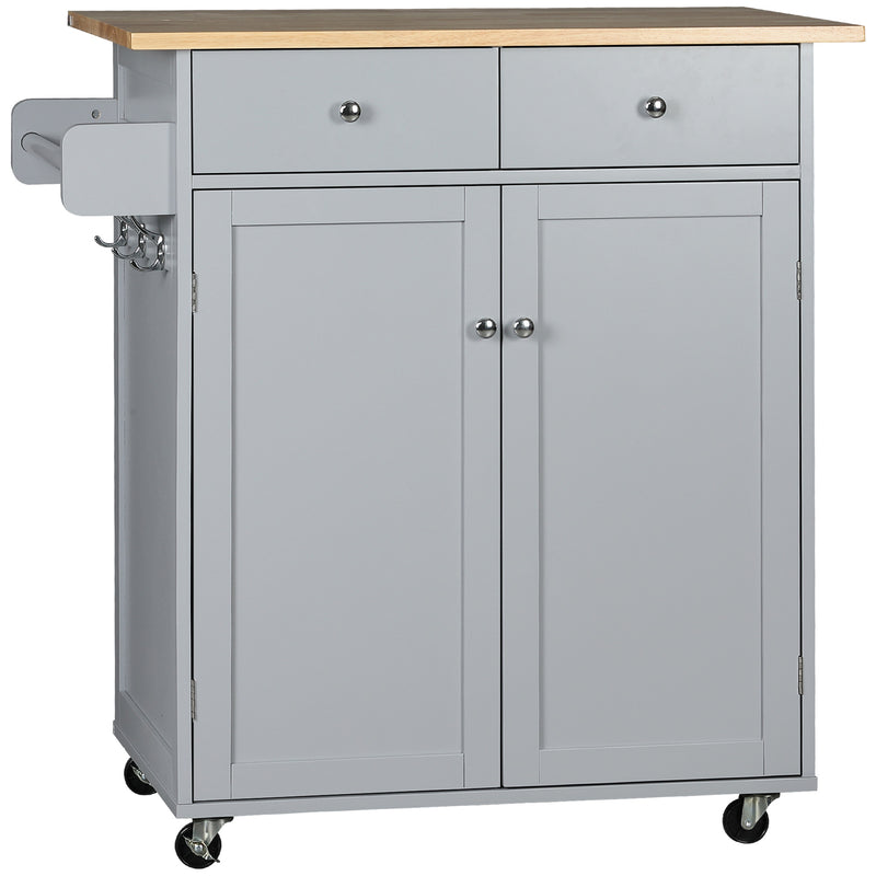 HOMCOM Rolling Kitchen Island, Utility Serving Cart with Rubber Wood Top Grey