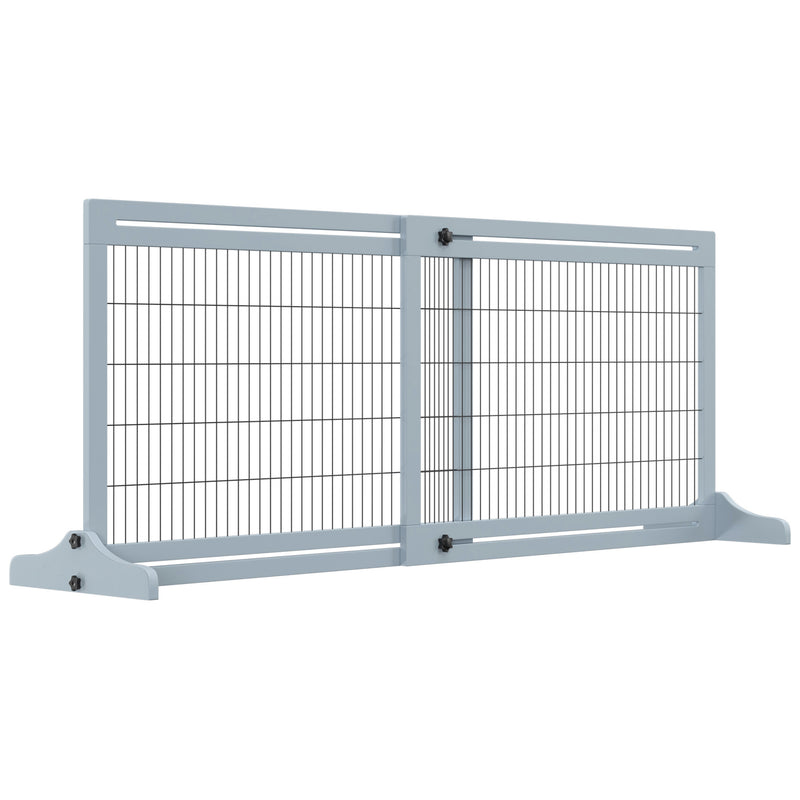 PawHut Adjustable Wooden Pet Gate Freestanding Dog Barrier for Doorway, Grey