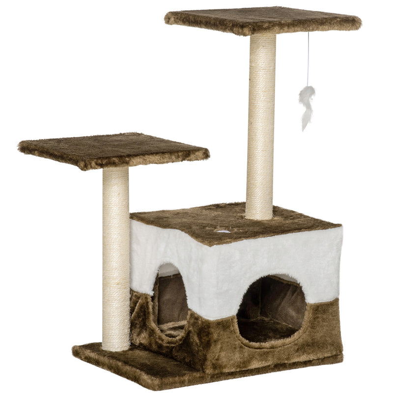 PawHut Cat Tree w/ Sisal Scratching Posts, House, Perches, Toy Mouse - Brown