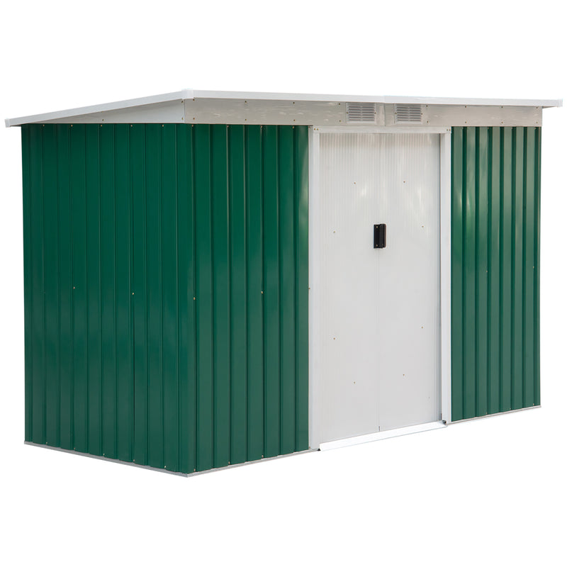 Outsunny 9 x 4FT Outdoor Metal Frame Garden Storage Shed w/ 2 Door, Dark Green