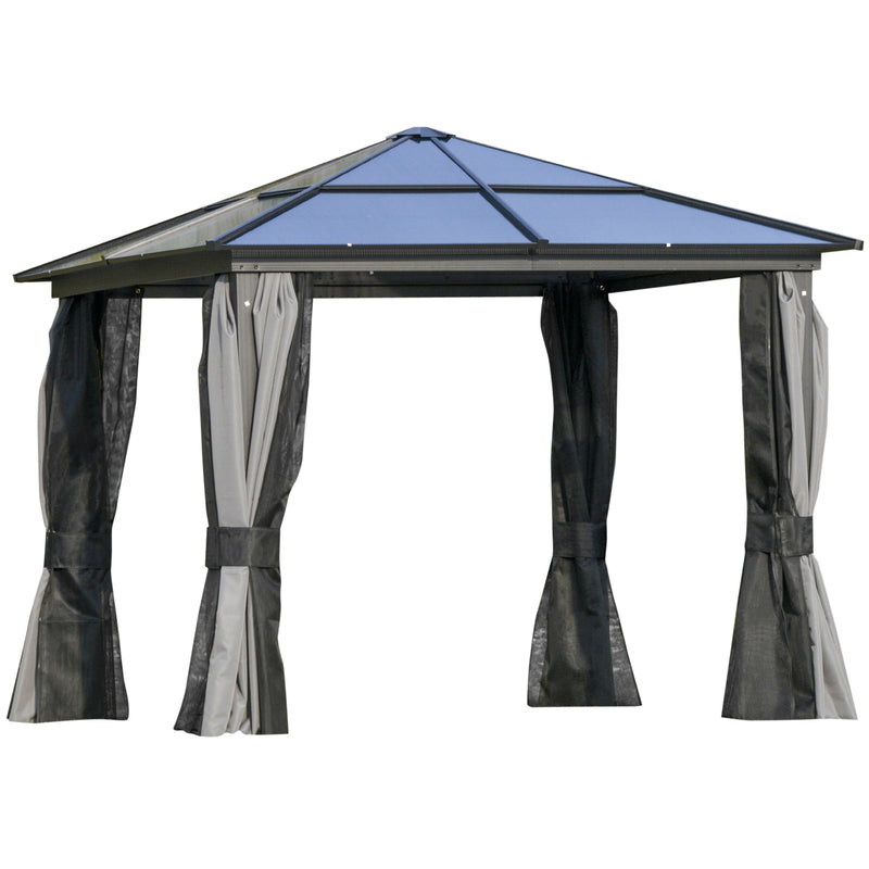 Outsunny 3x3(m) Aluminium Hardtop Gazebo Canopy w/ Polycarbonate Top, Curtains