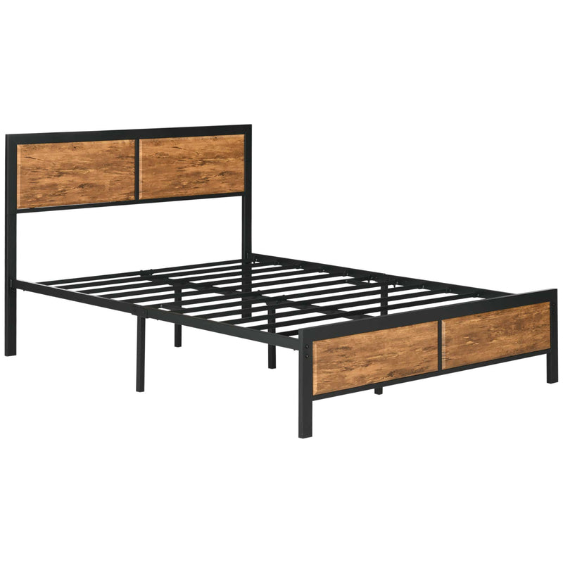 HOMCOM Double Size Bed Frame Steel Bed Base with Headboard 147 x 197cm Brown