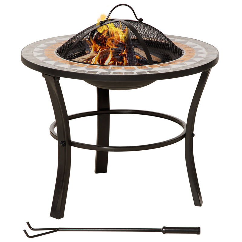 Outsunny 60cm Round Firepit with Mosaic Outer, Mesh Screen Lid and Poker