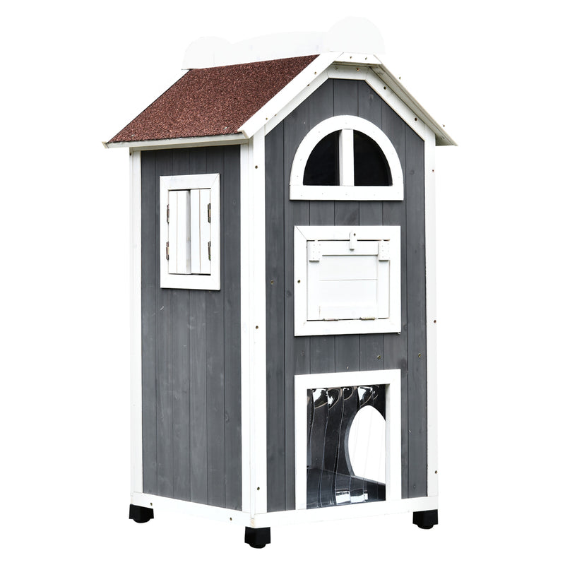 PawHut Wooden Cat House Condos Cat Cave 2 Floor Pet Shelter Outdoor Furniture