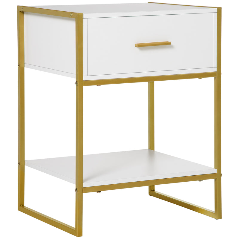 HOMCOM Modern Bedside Table Side Table Nightstand w/ Drawer Shelf White Gold