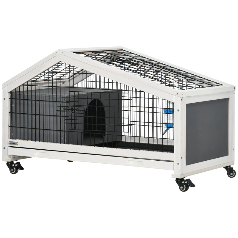 PawHut Rabbit Cage with Water Bottle, Wheels, Plastic Slide-Out Tray - Dark Grey