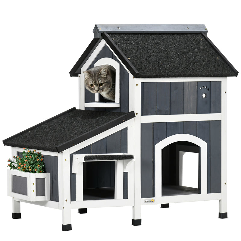 PawHut Wooden Outdoor Cat House w/ Flower Pot, Windows, Multiple Entrances