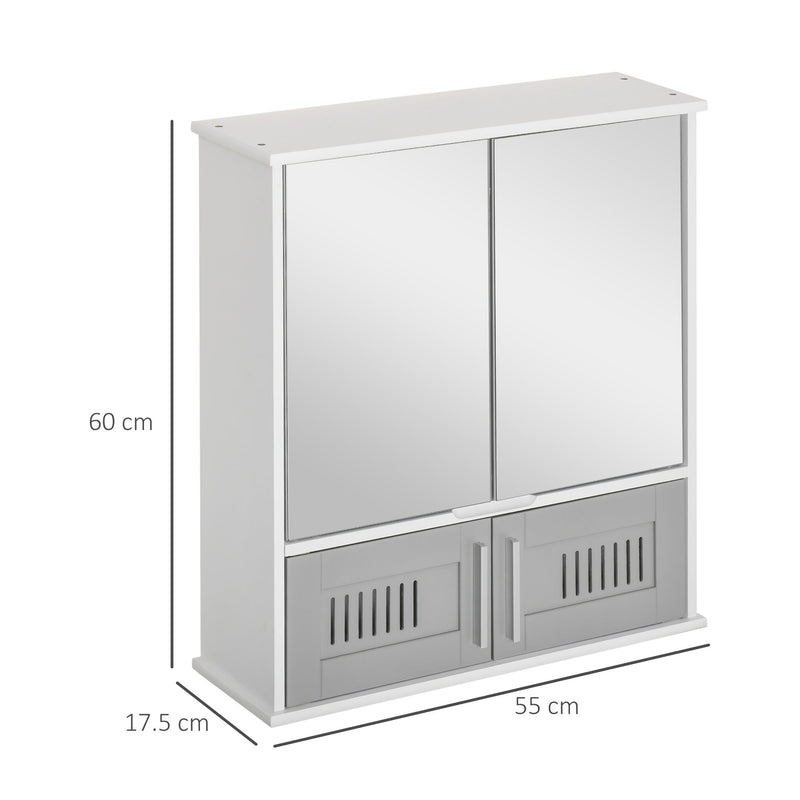 Kleankin Bathroom Mirror Cabinet Wall Mounted Storage Cupboard with Double Doors and Adjustable Shelf Bathroom Organizer Grey Unit Doors