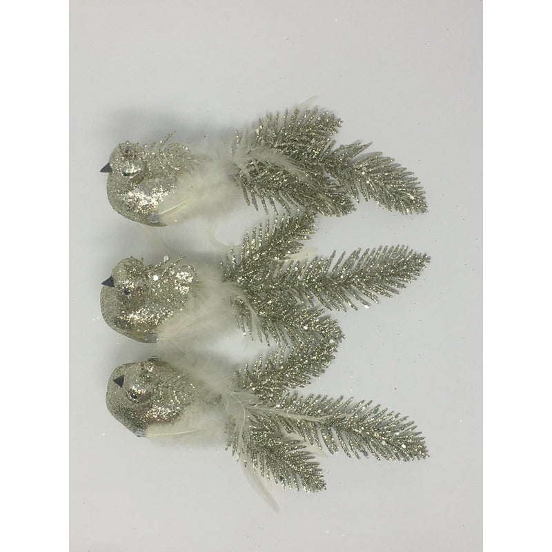 Christmas Sparkle Pack of 3 Glitter Feathered Birds Large in Champagne