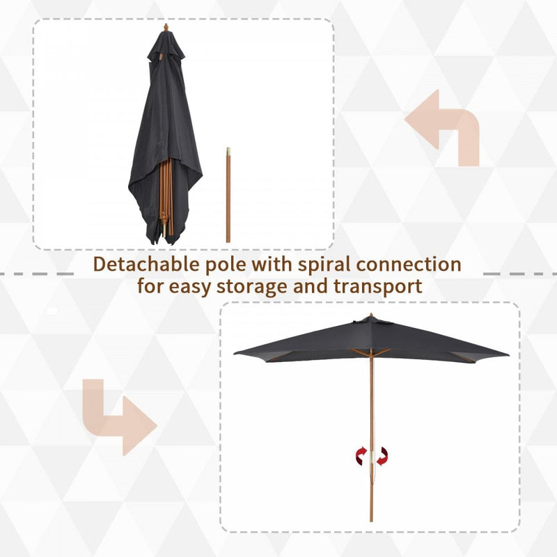 Outsunny 2.5 m Square Wood Umbrella Parasol - Dark Grey