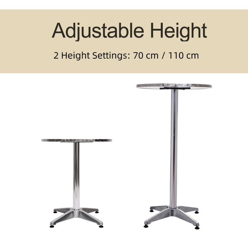 Adjustable Aluminium Bar Table Round Tabletop Dining Wine Pub Stainless Steel Height 70-110cm Metal W/Chromed Base Style-Silver