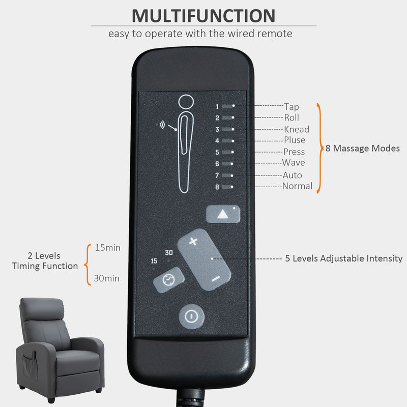 Recliner Sofa Chair PU Leather Massage Armcair w/ Footrest and Remote Control for Living Room, Bedroom, Home Theater, Grey Control