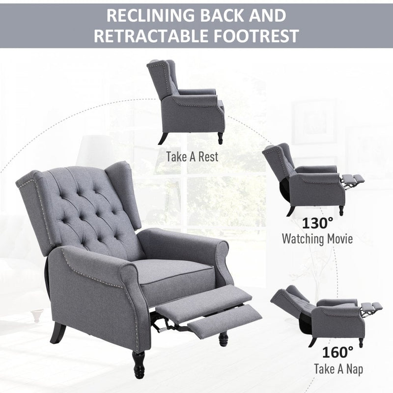 160 Reclining Armchair Single Sofa Chair w/ Retractable Footrest in Linen Light Grey