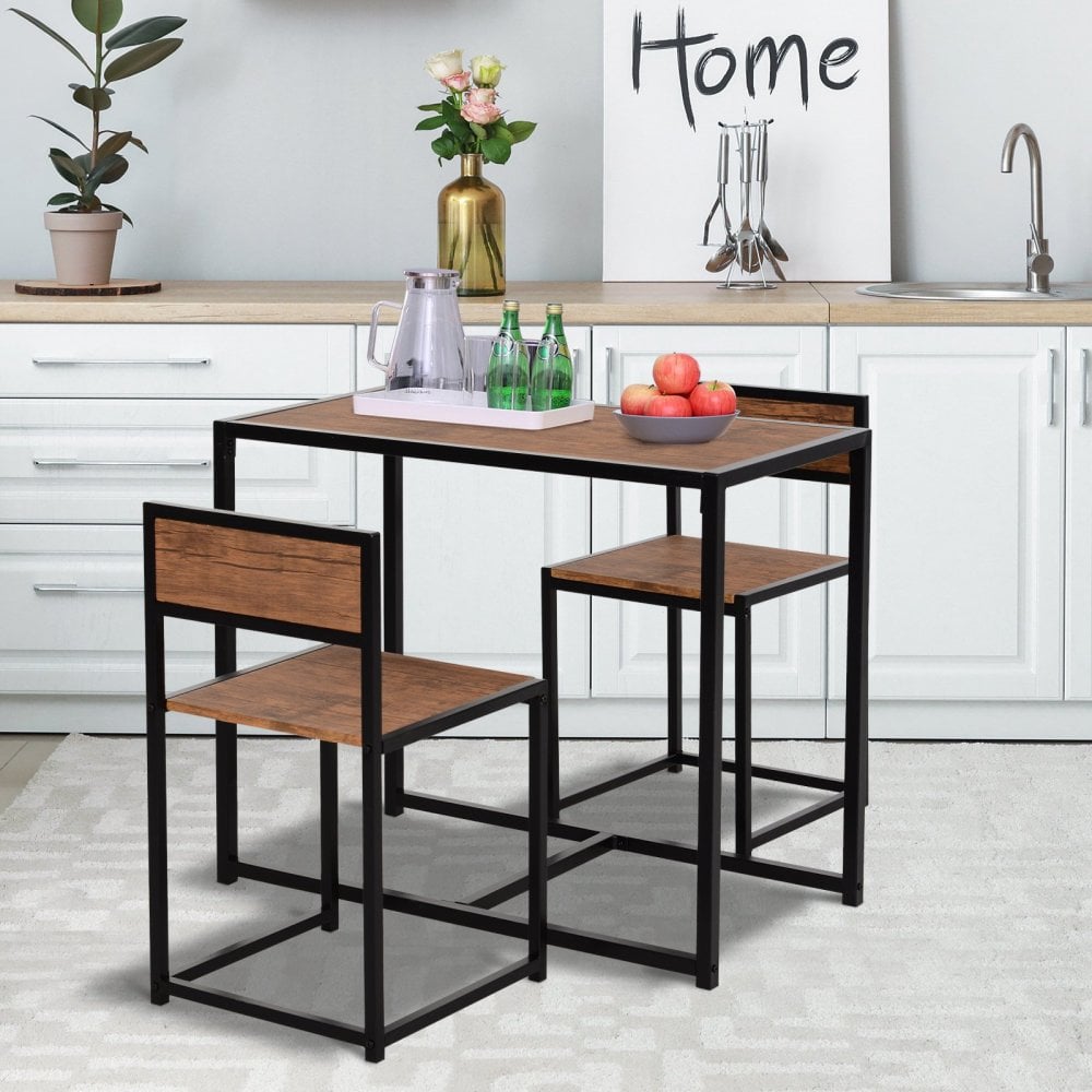 Steel Frame MDF 2 Seater Bar Stool and Table Set Wood Tone