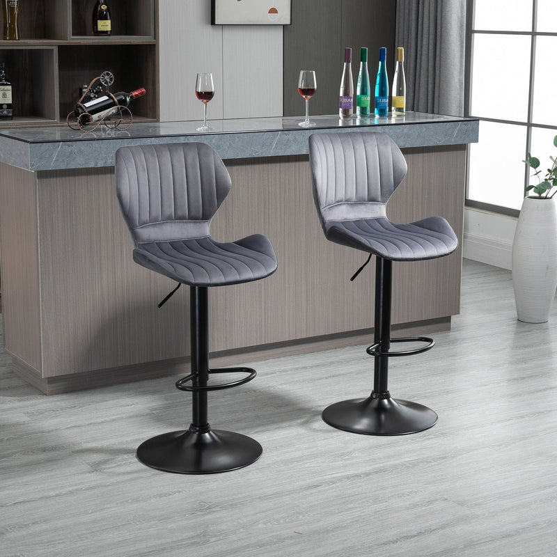 HOMCOM Bar Stool Set of 2 Velvet-Touch Fabric Adjustable Height Swivel Counter Chairs with Footrest, Grey