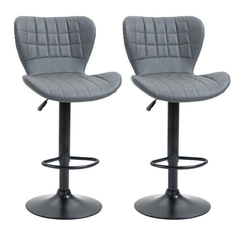 Bar Stools Set of 2 Adjustable Height Swivel Bar Chairs in PU Leather with Backrest & Footrest, Grey Footrest