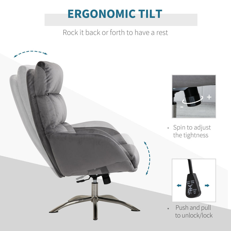 2 Pieces Modern Stylish Ergonomic Tilt Leisure Armchair and Ottoman with Thick Sponge Padding, Metal Base, for Living Room, Bedroom, Study, Office, Dorm, Grey and Silver Foam Padded