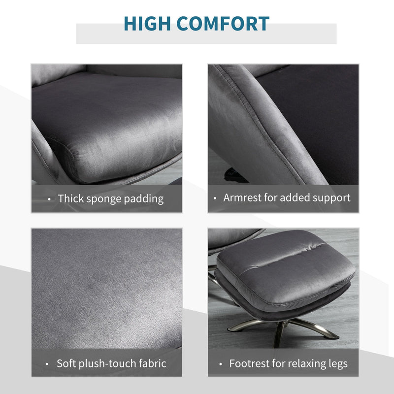 2 Pieces Modern Stylish Ergonomic Tilt Leisure Armchair and Ottoman with Thick Sponge Padding, Metal Base, for Living Room, Bedroom, Study, Office, Dorm, Grey and Silver Foam Padded