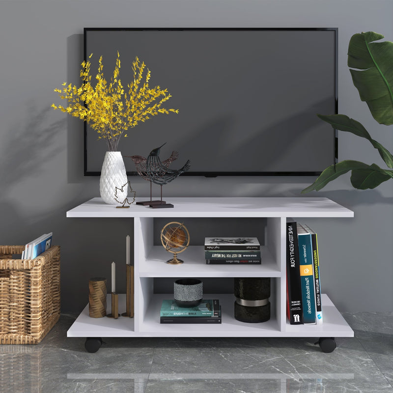 TV Stand Bookshelf Cabinet Modern 3 Tier shelf Storage Shelves Table Wheels in White