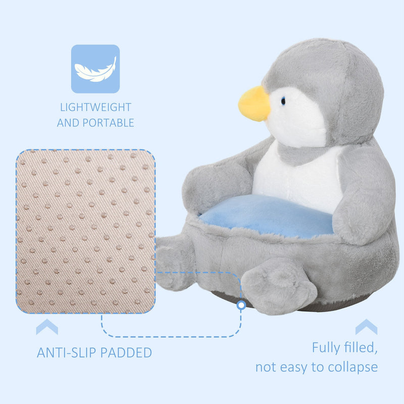 Kids Sofa Chair Children Plush Armchair Stuffed Cute Penguin Toy Support Seat Learning Baby Nest Sleeping Cushion Bed Soft Snuggle Furniture for Feeding Relaxing 59 x 50 x 59cm Grey Animal Cartoon 18-36 months