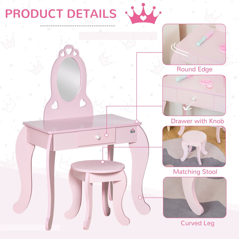 HOMCOM Kids Vanity Table & Stool  with Mirror - Pink