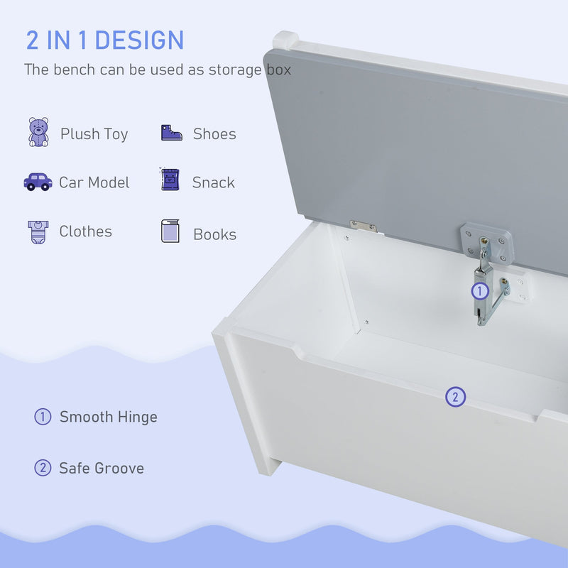 4-Piece Kids Table Set with 2 Wooden Chairs, 1 Storage Bench, and Interesting Modern Design, Grey/White w/ Function 3 Years+