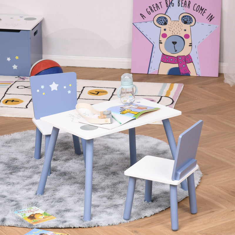 Kids Table & Chairs Set - 3 Pieces 1 Table 2 Chairs Toddler Wooden Multi-usage Easy Assembly Star Image Ornament Blue and White Pcs