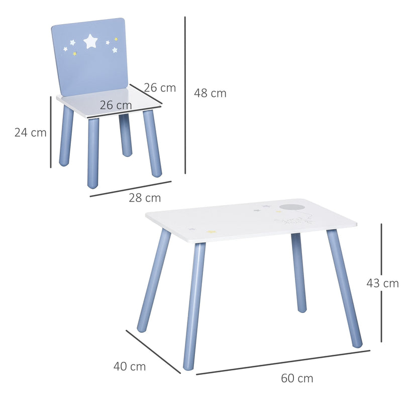 Kids Table & Chairs Set - 3 Pieces 1 Table 2 Chairs Toddler Wooden Multi-usage Easy Assembly Star Image Ornament Blue and White Pcs