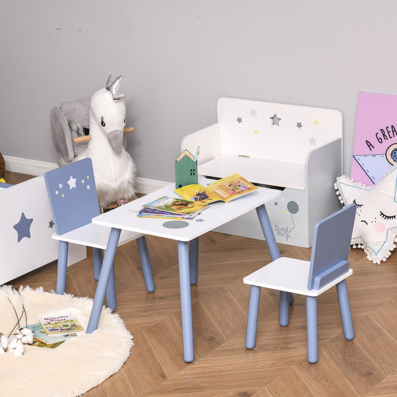 Kids Table & Chairs Set - 3 Pieces 1 Table 2 Chairs Toddler Wooden Multi-usage Easy Assembly Star Image Ornament Blue and White Pcs