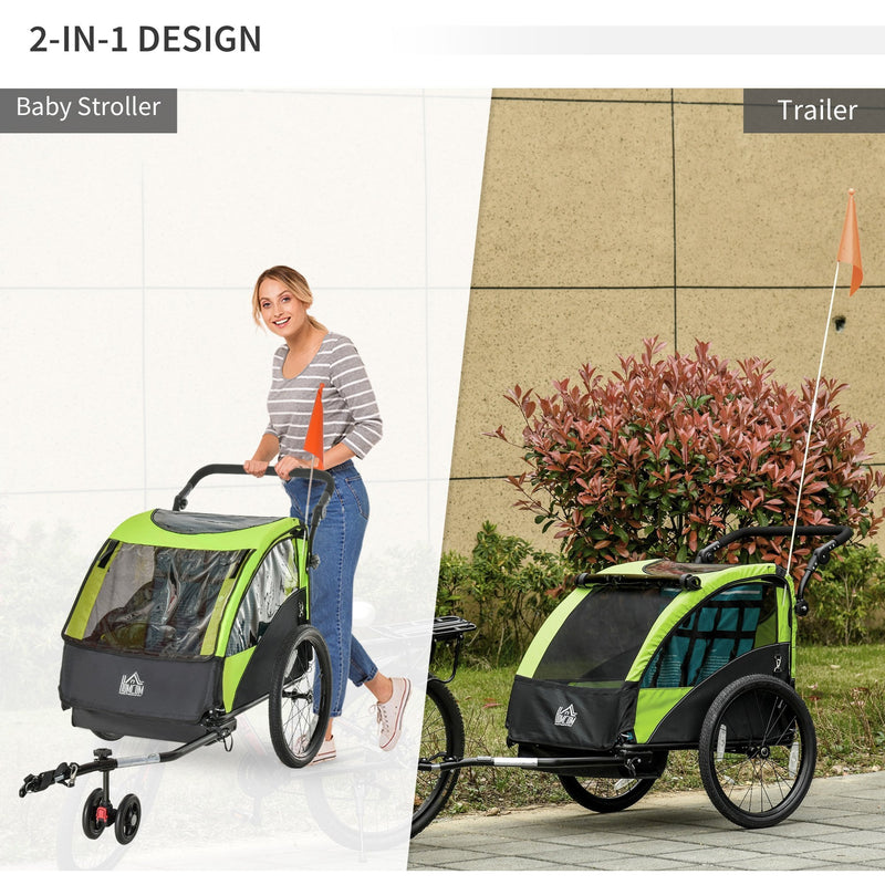 2 In 1 Trailer for Kids Child Bike Trailer Foldable Baby Stroller 2-Seater Transport Carrier with Adjustable Handlebar Storage Bag Reflector Flag Green 2-Seat w/