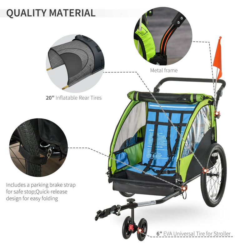 2 In 1 Trailer for Kids Child Bike Trailer Foldable Baby Stroller 2-Seater Transport Carrier with Adjustable Handlebar Storage Bag Reflector Flag Green 2-Seat w/