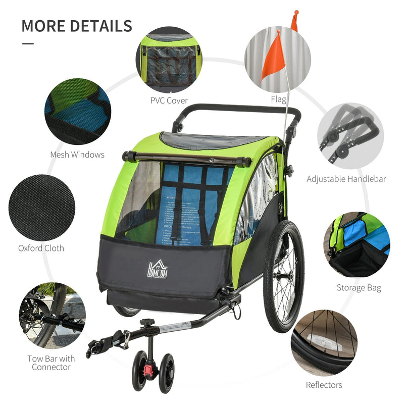 2 In 1 Trailer for Kids Child Bike Trailer Foldable Baby Stroller 2-Seater Transport Carrier with Adjustable Handlebar Storage Bag Reflector Flag Green 2-Seat w/