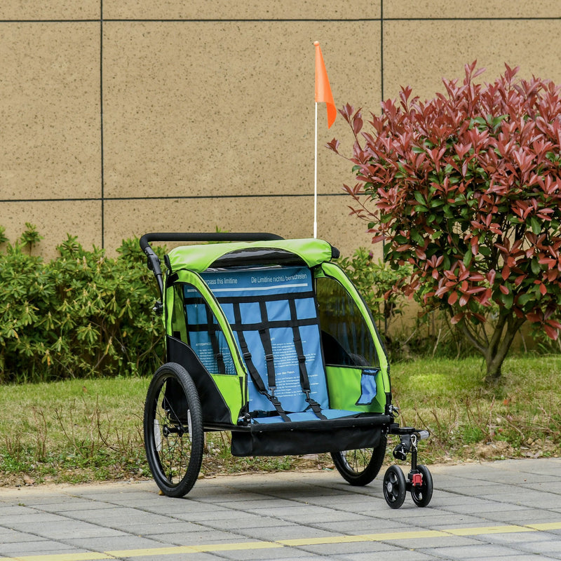 2 In 1 Trailer for Kids Child Bike Trailer Foldable Baby Stroller 2-Seater Transport Carrier with Adjustable Handlebar Storage Bag Reflector Flag Green 2-Seat w/