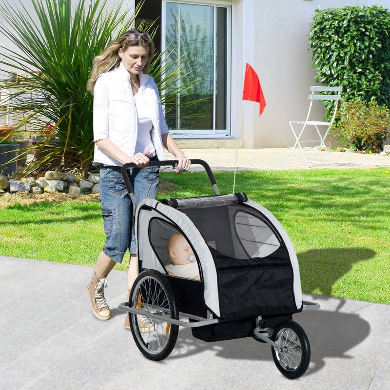 2 in 1 Child Bike Carrier Collapsible 2-Seater Jogger Stroller and Trailer W/ Pivot Wheel-Grey