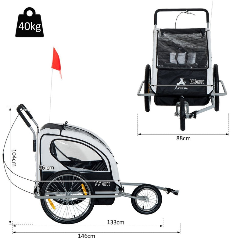 2 in 1 Child Bike Carrier Collapsible 2-Seater Jogger Stroller and Trailer W/ Pivot Wheel-Grey