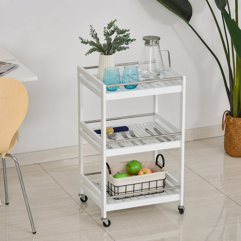 Pine Wood 3-Tier Kitchen Trolley White