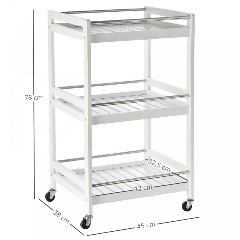 Pine Wood 3-Tier Kitchen Trolley White