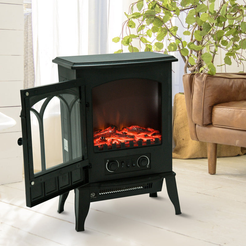 HOMCOM Electric Fireplace Heater Freestanding Stove with LED Flame Effect 1000W/2000W-Black