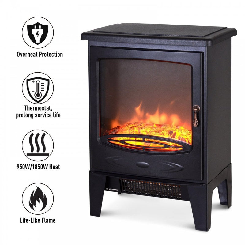 HOMCOM Electric Heater Freestanding Fireplace Artificial Flame Effect w/ Safety Thermostat 950w/1850W Tempered Glass Casing