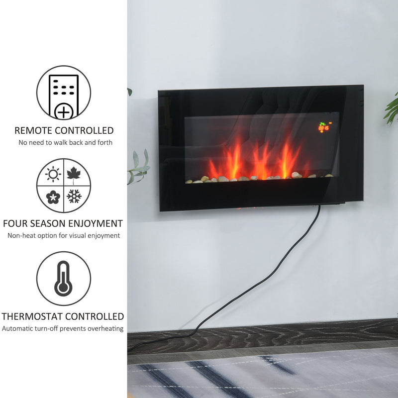 HOMCOM 1000W Wall Mounted Tempered Glass Electric Fireplace Heater Black