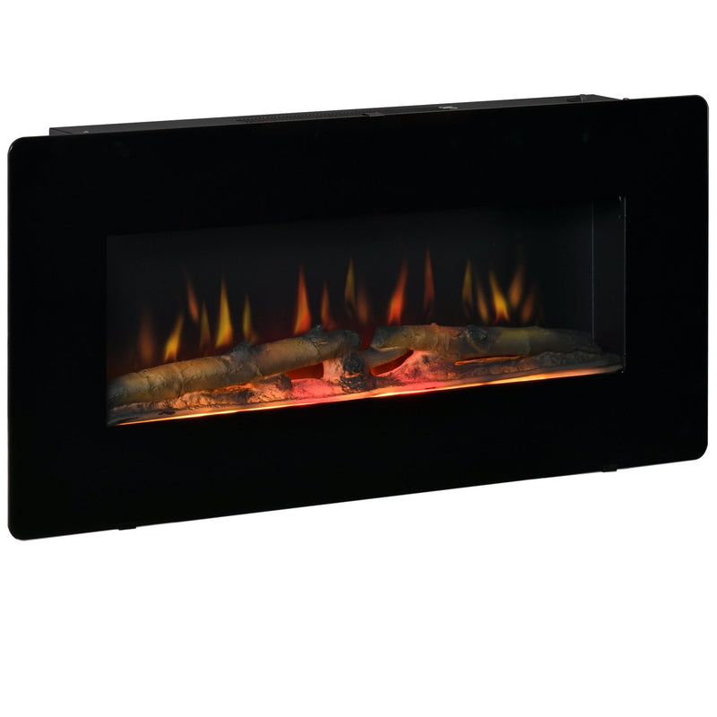 HOMCOM Electric Wall-Mounted Fireplace Heater with Adjustable Flame Effect, Remote Control, Timer, 1800/2000W, Black Wall-Mount W/ Effect Control