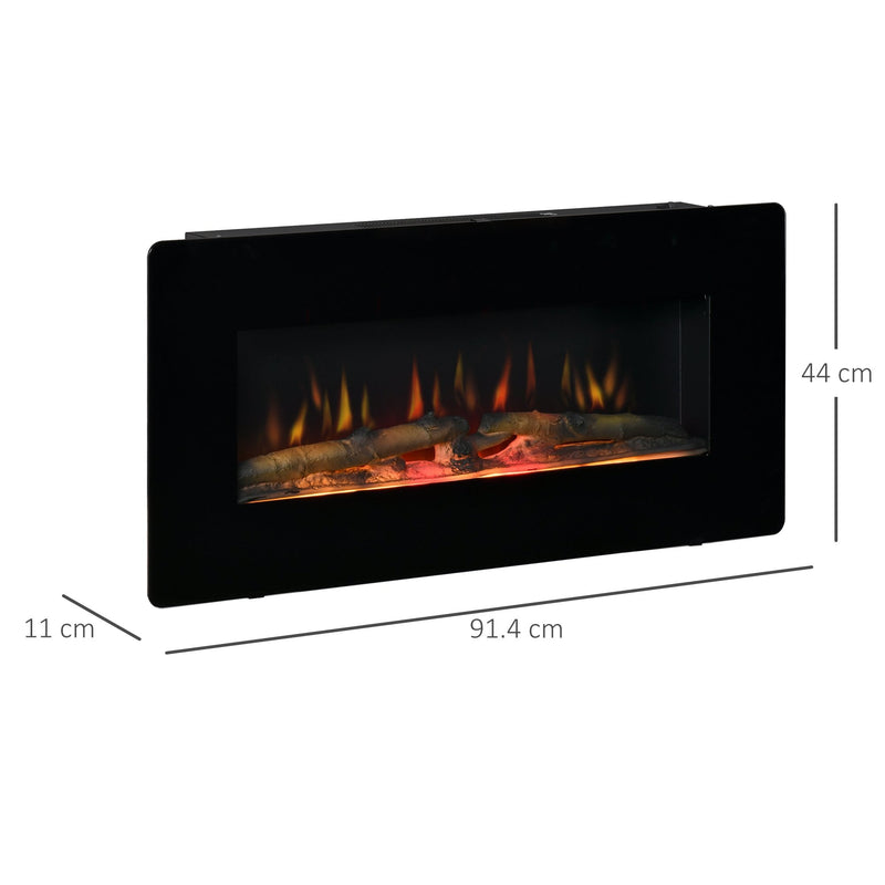 HOMCOM Electric Wall-Mounted Fireplace Heater with Adjustable Flame Effect, Remote Control, Timer, 1800/2000W, Black Wall-Mount W/ Effect Control