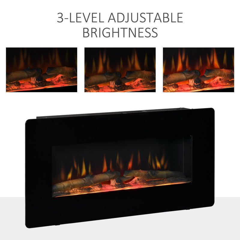 HOMCOM Electric Wall-Mounted Fireplace Heater with Adjustable Flame Effect, Remote Control, Timer, 1800/2000W, Black Wall-Mount W/ Effect Control