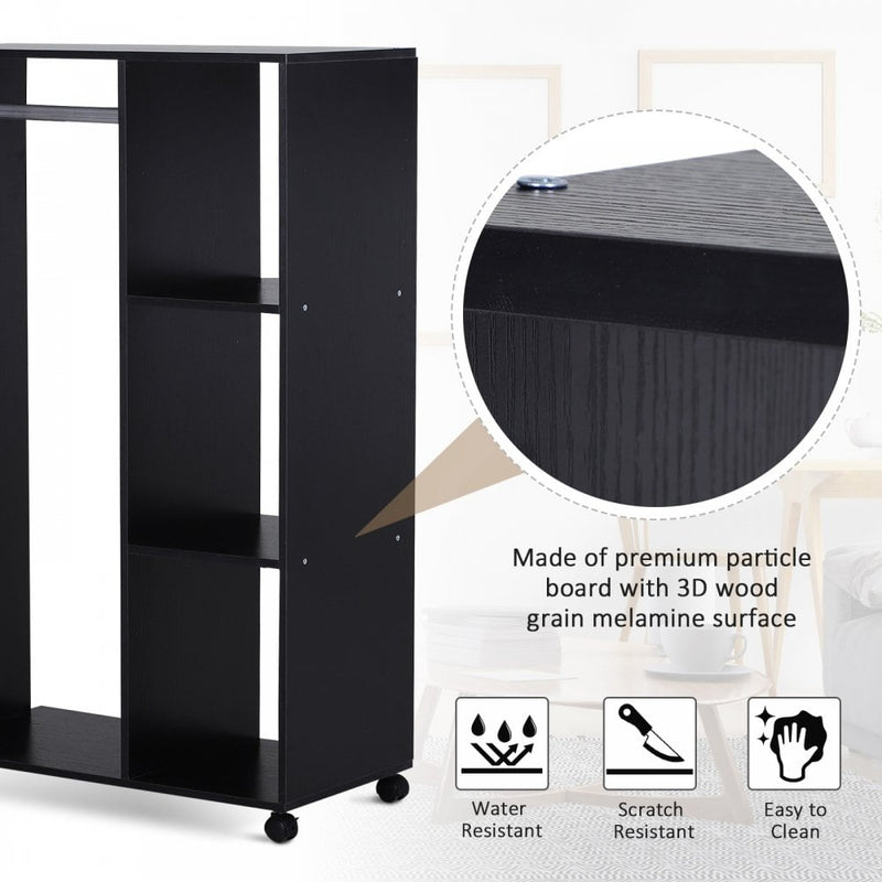 Particle Board Mobile Open Wardrobe on Wheels Black