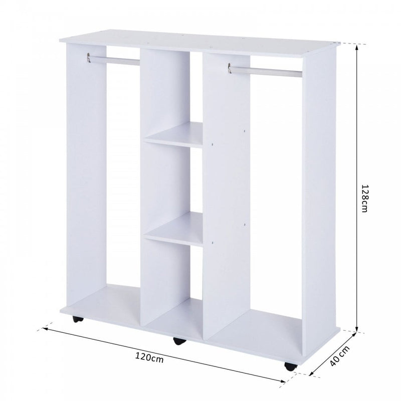 Open Wardrobe Double Mobile With Clothes Hanging Rails Storage Shelves Organizer W/6 Wheels-White