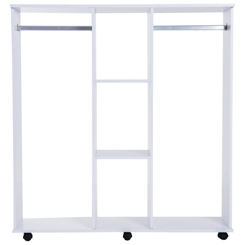 Open Wardrobe Double Mobile With Clothes Hanging Rails Storage Shelves Organizer W/6 Wheels-White