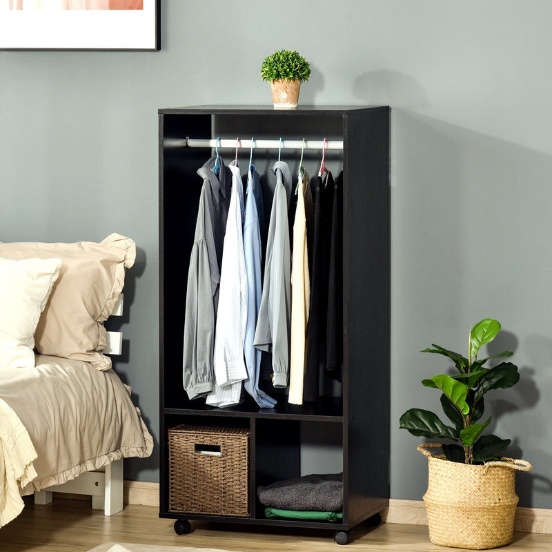 Open Wardrobe with Hanging Rod and Storage Shelves Mobile Garment Rack on Wheels Bedroom, Cloakroom, Black Clothing Organizer