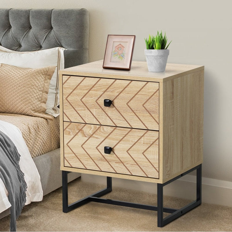 Bedside Table 2 Drawer Unit  Zig Zag Design w/ Black Metal Handles Melamine Finish